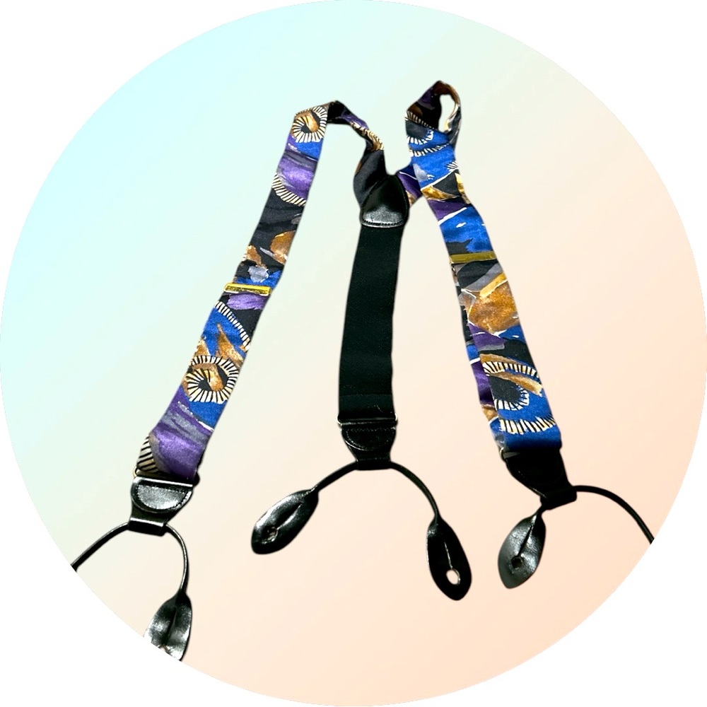 SILK SUSPENDERS Made in Germany Leather Button Brass Blue Gold Abstract Design